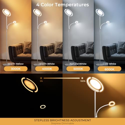 FIMEI Upgraded 3 in 1 Floor Lamp, Modern Bright Standing Lamp with Split Rotatable Ring Light and Small Reading Light, 4 Color and Dimmable, 3-Way Independent Control for Living Room Office, White