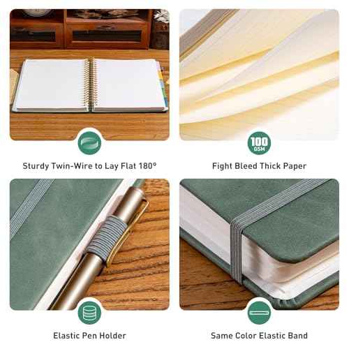 Hardcover Spiral Notebook 8.5" x 11" with 5 Removable Dividers 300 Pages Leather 5 Subject Notebook College Ruled 100GSM Large Spiral Notebooks for Work Thick Lined Journal for Women, Green