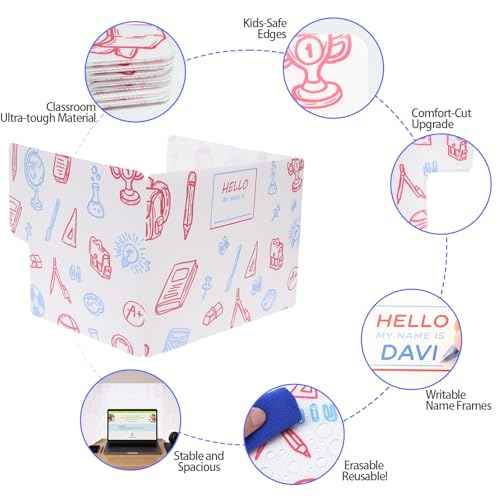 25-Pack Desk Dividers for Students with Privacy Shields, Ergonomic Arms Cutouts & Erasable Name Frames - Waterproof & Easy-to-Clean Test Dividers for Classroom, Exams, Office (White)