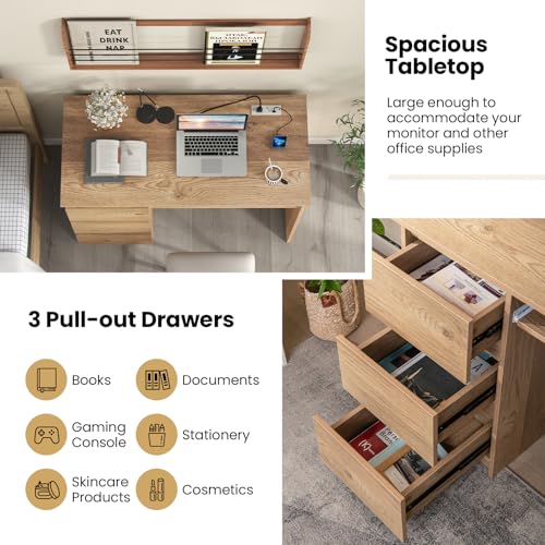 Tangkula Natural Computer Desk with 3 Storage Drawers & Built-in Charging Station