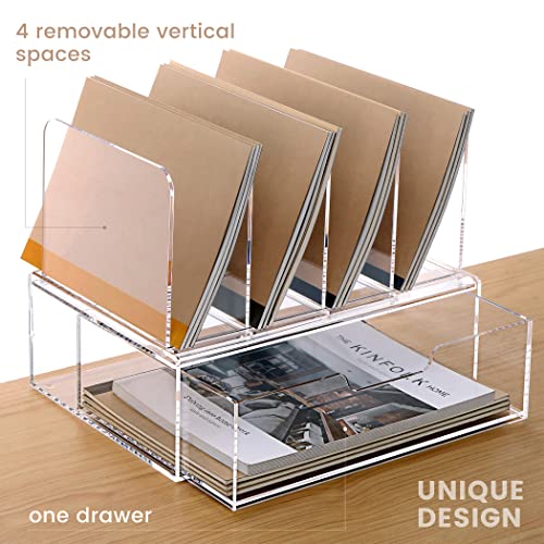 DINGHUO Acrylic Desk Organizers and Accessories, Clear Paper File Folder Organizer Letter Tray Sliding Drawer with 4 Upright Sections File Holder, Office Supplies Workspace Organizers - 1 Pack