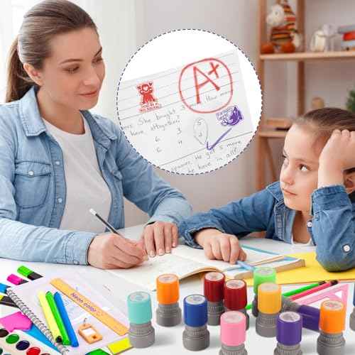 LOTMER 12 Pcs Teacher Stamps for Classroom, Self-Inking Rubber Colorful Stamps Classroom Rubber Stamp for Grading Homework Test Motivation Students Supplies