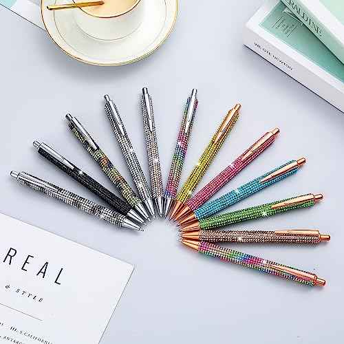 Seajan 24 Pcs Rhinestone Diamond Ballpoint Pens Writing Bling Metal Pens for Women Retractable Black Ink Gift Pens with 24 Replacement Refills for Office Birthday 0.7mm, 12 Colors