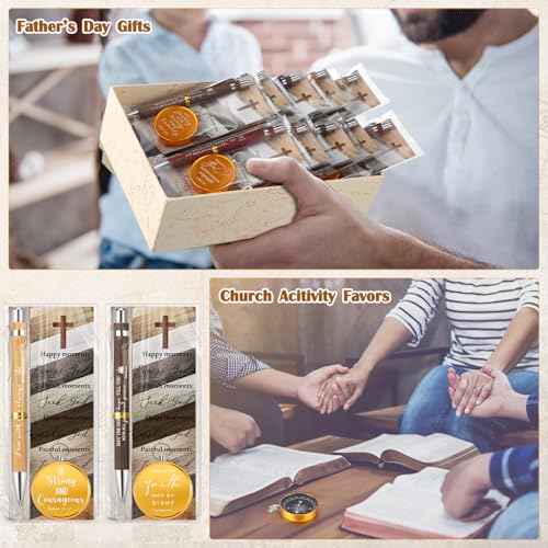 Spakon 50 Sets Father's Day Christian Gifts for Men Religious Bamboo Pens Bible Verse Bookmarks Engraved Brass Compass Bible Quotes for Dad Pastors Church Gifts Party Favors