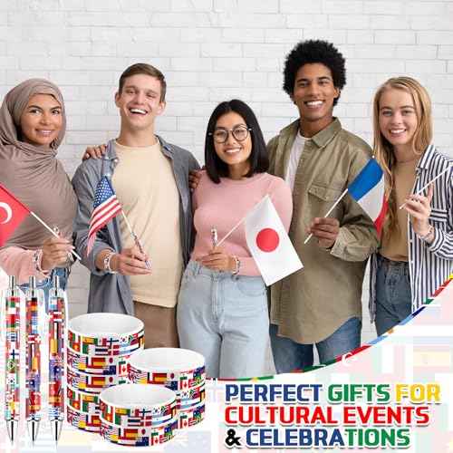 144 Pcs Around the World Party Favors International Flag Retractable Pens Country Flag Rubber Bracelets Multicultural Classroom Christmas Holiday Around the World Decorations