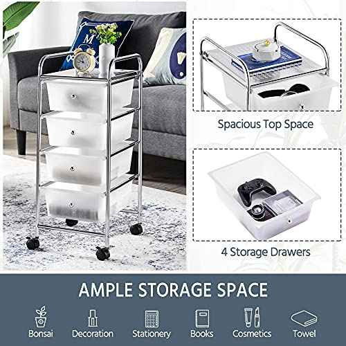 Yaheetech 4 Drawers Rolling Plastic Storage Cart Metal Frame Plastic Drawers Trolley Organizer on Wheels, White