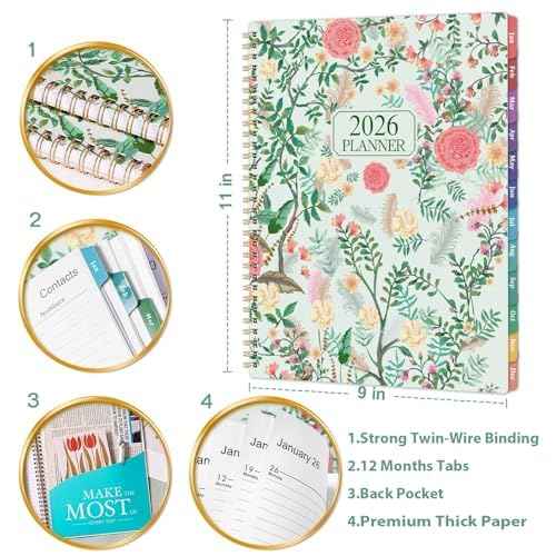 2026 Planner - Planner 2026, 9" x 11", Jan. 2026 - Dec. 2026, 2026 Planner Weekly and Monthly with Colorful Tabs, Strong Twin-wire Binding, Back Pocket - Floral