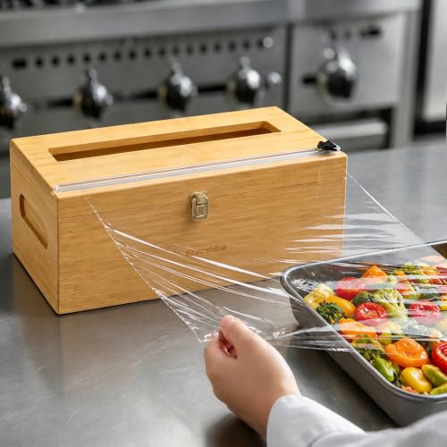Libreshine 12-Inch Bamboo Plastic Wrap Dispenser with Cutter for