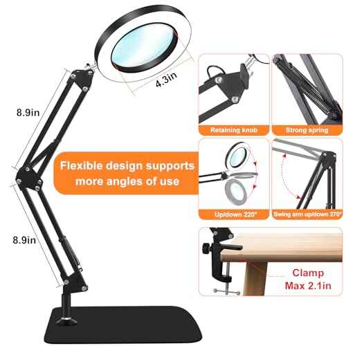 10X Magnifying Glass with Light and Stand, Dimmer Adjustable Swing Arm 2-in-1 Desk Lamp and Clamp, LED Lighted Desk Magnifier with Light for Craft Reading Repair Painting Close Work