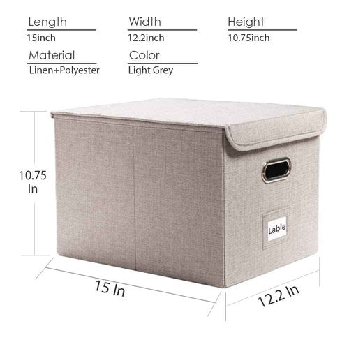 PRANDOM File Organizer Box - Set of 4 Collapsible Decorative Linen Filing Storage Hanging File Folders with Lids Office Cabinet Letter Size Light Grey (15x12.2x10.75 inch)