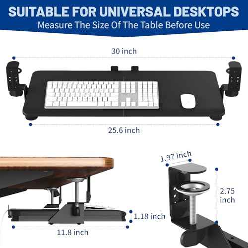 Keyboard Tray Under Desk Slide, 25.6"(30¡± Including Clamps) x 11.8" Height Adjustable Slide-Out Keyboard Drawer with C Clamp, Ergonomic Pull Out Platform Computer Drawer for Typing, Black