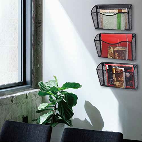 Flexzion Wall Folder File Letter Pocket Holder (6 Pack) Metal Mesh Desk Hanging Basket Box Bin Mail A4 Size Paper Document Organizer, Storage Rack Single Slot Wall Mount for Office School Home - Black