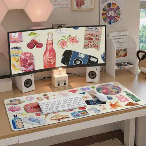 iCasso Office Desk Mat for Keyboard and Mouse, Large Mouse Pad, Desk Pad Mat, Anti-Slip Big Mousepad with Stitched Edges for Computer Desktop Cover Protector (Watercolor Stickers)
