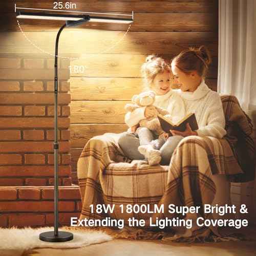 OUTON LED Floor Lamp with Double Head, 18W 1800LM, Super Wide & Bright, Height Adjustable, Remote & Touch Control, Memory Function, Dimmable Standing Lamp for Reading, Working, Sewing, Drawing, Black