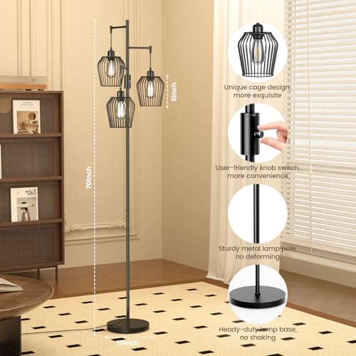 Dimmable Floor Lamp, Farmhouse Industrial Floor Lamp with Elegant Cage & 3 x 1000LM LED Bulbs, Tall Standing Lamp Black Tree Floor Lamps for Living Room Bedroom Office