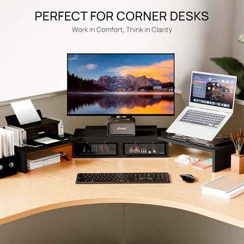 ZIFTY Dual Monitor Stand Riser with 2 Drawer and Smartphone Holder, Desk Organizer for 3 Monitors, Adjustable Length & Angle Workspace Organizers for Monitors Laptop Printer Computer, Black
