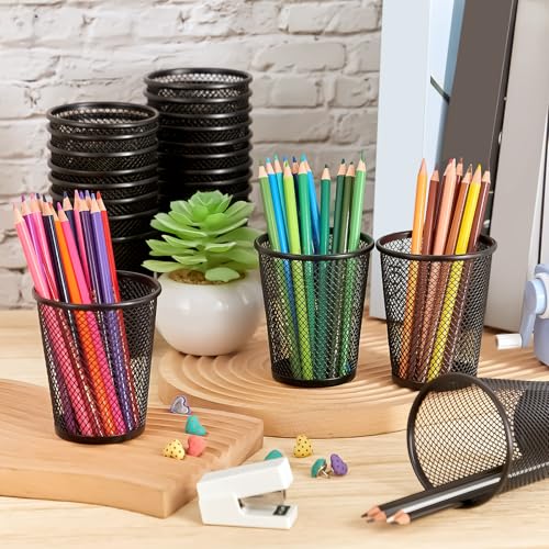 Henoyso 36 Pack Mesh Pencil Holder Wire Mesh Pen Cup Black Pen Holder for Desk Metal Pen Organizer Pencil Cup Marker Holder Makeup Brush Holders for Home Office Supplies Accessories