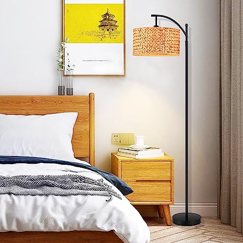 Floor Lamp for Living Room Bedroom Farmhouse Arc Rattan Boho Standing Lamp with Remote Dimmable Black Wicker Bamboo Lamp Shade Floor Light Adjustable Tall Lamp Industrial Floor Lamps Bohemian