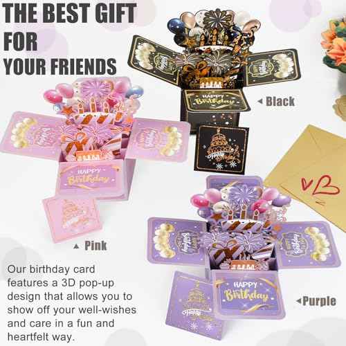 Surprise Pop Up Happy Birthday Cards, Lovely 3D Birthday Card for Adults and Kids with Envelopes, Unique Design Handmade Foldable Greeting Cards for Daughter, Son, Mom, Dad, Friend£¨Black£©