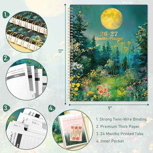 2026-2027 Monthly Planner - 2026-2027 Planner, Jan. 2026 - Dec. 2027, Monthly Planner/Calendar 2026 with Tabs, 9" x 11", Twin-wire Binding, Back Pocket, Note Pages