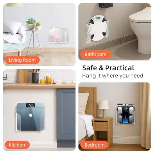 ELETIUO Wall-Mounted Scale Holder with Adhesive &Screws -Fits Most Digital Scales (Up to 1.2"/30mm Thick),Anti-Slip Silicone Pads,Space-Saving Bathroom/Bedroom Organizer-Easy to Install, Clear