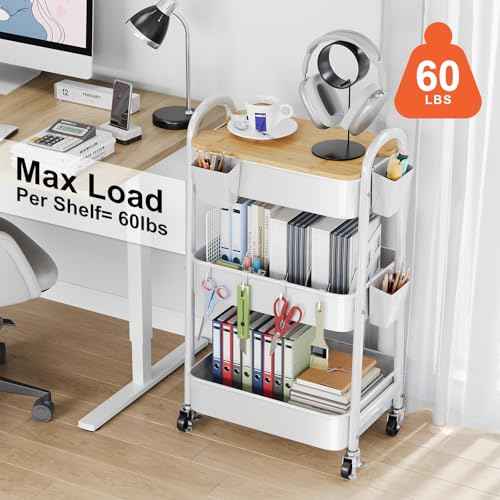 3 Tier Rolling Cart Metal with Wheels and Bamboo Table Top, Art Cart Organizer on Wheels, White Three Tiered Storage Utility Carts for Craft, Baby, Diaper Caddy,Coffee,Kitchen,Cleaning,Office Supplies