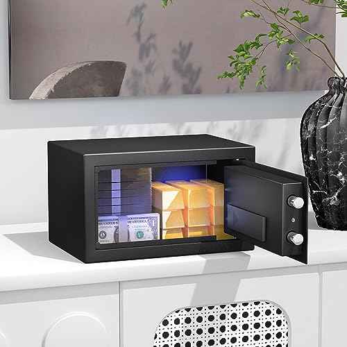 Safe Box with Sensor Light, Security Safe Steel Construction Hidden Money Safe with Lock,Wall or Cabinet Anchoring Design for Home, 0.55 Cubic Feet Black
