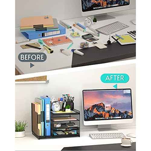 VIVSOL Desk Organizer with Mesh File Holder, 4-Tier Office Supplies Desk Organizers and Accessories with Sliding Drawers & Pen Holder, Desk File Organizer and Storage for Office, School, Home, Black