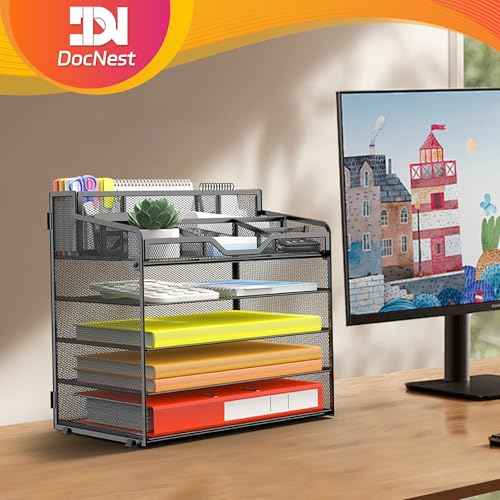 Docnest 5 Tier Mesh Desk Organizer for Paper Office Supplies ? Multi-Functional Letter Tray with 5 Adjustable Compartments, 3 Pen Holders, Desktop Storage for Files, Mail, Stationery ? Black