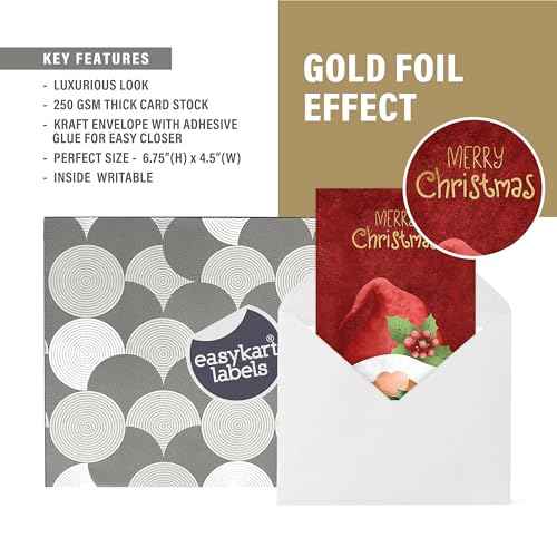 easykart labels 60 Christmas Gnome Cards with Envelopes & Sealing Stickers, 4 Christmas Theme Santa Designs With Gold Foling effect, 6.75" x 4.5" For Friends, Family and loved Ones