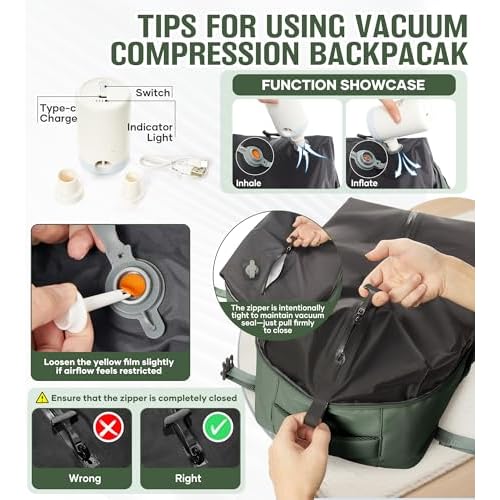 Vacuum Travel Backpack with Pump for Women, Personal Item Carry on Vacpack Backpacks Flight Approved 18x14x8 inches for Men,Laptop Waterproof Work Compression bags Casual Daypack,BrownGreen