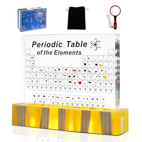 Periodic Table with Real Elements Inside, Amber Lighted Stand Acrylic Periodic Table of Elements Poster, Crafts D?cor Teaching Tool Chemistry Gift for Kids Adults Students Teacher Science Lovers