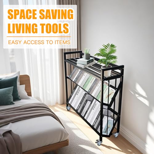Mobile Book Cart, Rolling Library Cart with Shelves (Black, 3-Tier)