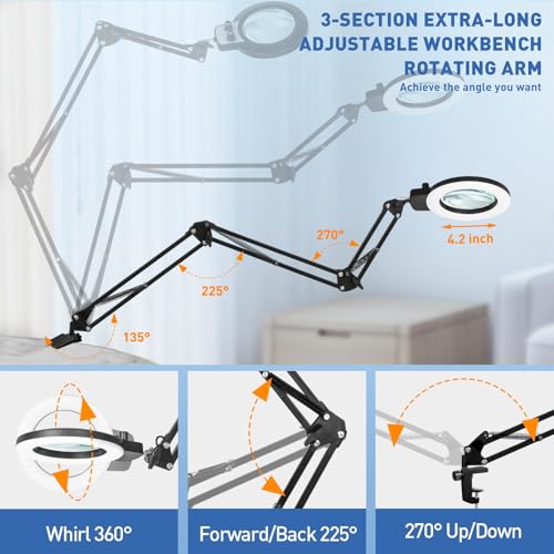 HITTI 12X Extra Long Magnifying Glass with Light, Upgrade Infinite Color and Brightness LED Desk Lamp with Clamp, Hands Free 3 Section Magnifier Light and Stand for Workbench Crafts Reading Painting