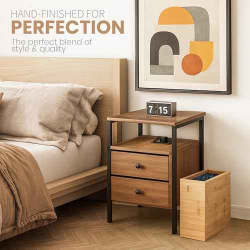 Bamboo Wooden Trash bin with Bin Liner Built-in Frame and Premium Lid - Rectangular Waste Basket with Bin Liners for Bathroom, Bedroom, Living Room, Kitchen, Office, Vanity, Salon or Spa