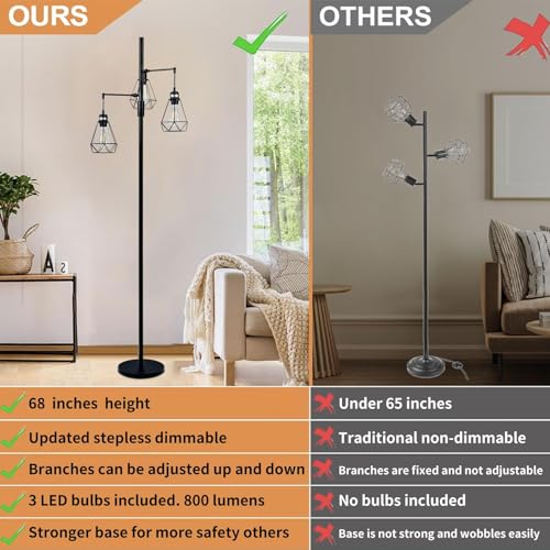 JuGuo 69" Industrial Tree Floor Lamp with Stepless Dimming - Adjustable Cage Shades & weighted Base, Vintage Dimmable Standing Light for Living Room/Office, 3x Edison Bulbs Included (Farmhouse Rustic)