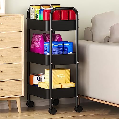 XIUSHE 3-Tier Metal Utility Cart Rolling Storage Organizer, Portable and Sturdy, with Wheels, Ideal for Office, Kitchen, Bathroom, Classroom, and More, Black
