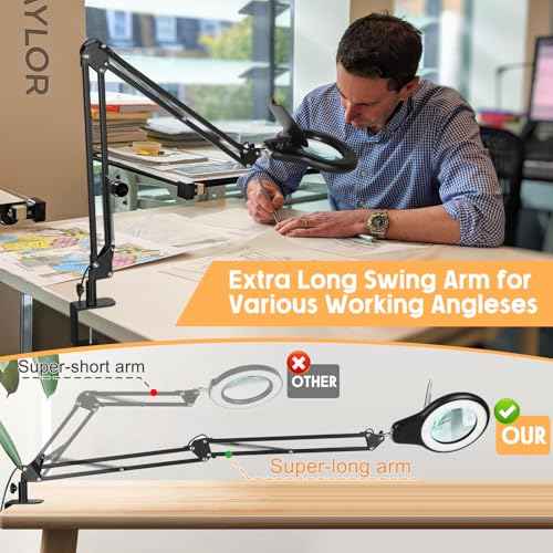 10X Large Magnifying Glass with Light and Clamp, Mechanical Knob Stepless Dimmable, 2*16 Inch Swivel Arm LED Magnifying Desk Lamp with Dust Cover, Stand Lighted Magnifier Hands Free for Crafts