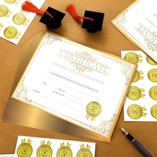 Yeaqee 200 Pcs Certificate of Recognition Certificate Paper with Gold Sticker Seals Pre Printed Award for Graduation Diploma Achievements Students Teachers Employees Gift, 8.7 x 11 Inch