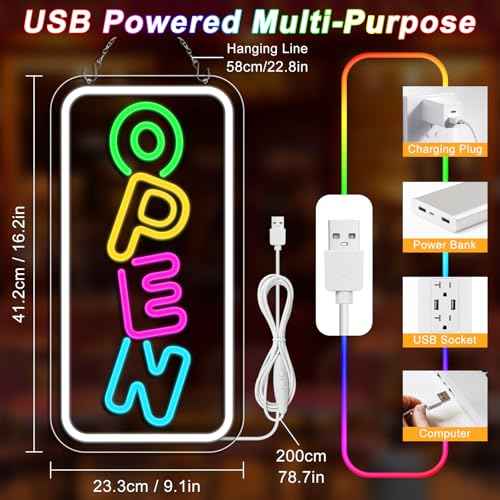 inShareplus 16.2"x 9.1" Super Bright Open Sign, Adjustable Neon Open Sign, Signs for Business Window, Powered by USB with ON/OFF, for Stores, Restaurant Bar Hotel Wall (Vertical)