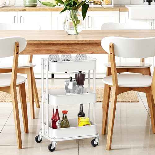 Simple Houseware 3-Tier Compact Utility Rolling Cart, Low 24¡± Height Fits Under Desk, Space-Saving Storage for Home Office, Dining Room, or Kitchen, White