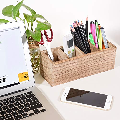 Wooden Pen Pencil Holder for Desk, 4 Compartment Rustic Rectangular Pen Organizer, Wood Desktop Organizer Caddy, Multi Purpose Use for Home School Office Supplies, Stationery