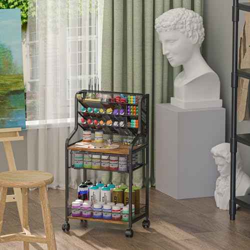 Small Rolling Utility Cart with Drawer, Metal Craft Storage Cart with Lockable Wheel, Versatile Art Organizer with 6 Tiers & Removable Dividers for Drawing Room, Store Paint & Artifact, Patent Pending
