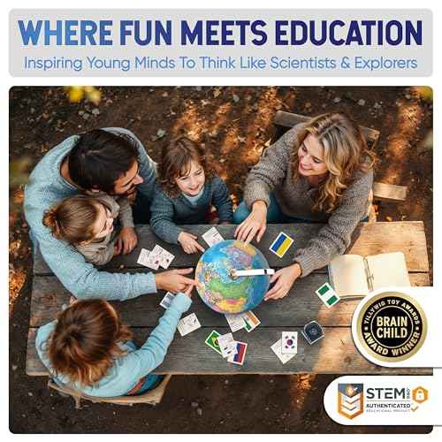 9" Illuminated Educational Kids World Globe + STEM Flags & Countries Interactive Card Game. 3 in 1 Children Desktop Spinning Earth Political & Constellation Maps, LED Night Light Lamp