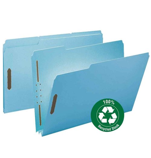 Smead 100% Recycled Pressboard Fastener File Folder, 2 Fasteners, 1/3-Cut Tab, 2" Expansion, Legal Size, Blue, 25 per Box (20001)