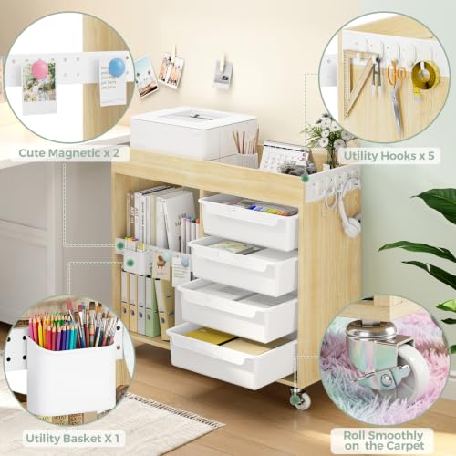 SYKIARIOL White 4-Drawer Rolling Craft Cart with Labels & Hooks
