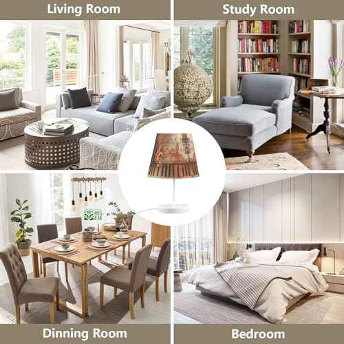 Modern 3 Colors Dimmable LED Table Lamp, Grunge Musical Background Notes Linen Shade 10.8" Bedside Nightstand Light with USB Port Gift for Home Desk Bedroom Room Cafe