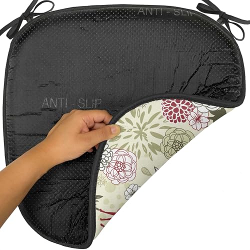 Ambesonne Winter Chair Seating Cushion Set of 4, Deer Silhouettes with Blossoming Flowers Abstract Christmas Nature, Anti-Slip Seat Padding for Kitchen & Patio, 16"x16", Olive Green Pale Green