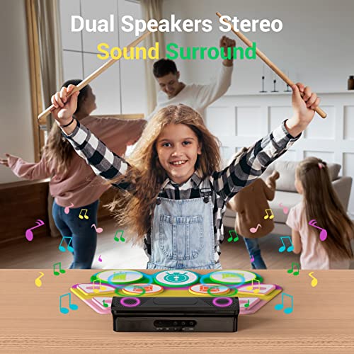 ROCKSOCKI Electric Drum Set, 7 Drum Practice Pad, Roll-up Drum Pad Machine with Headphone Built-in Speaker Drum Sticks Foot Pedals 10 Hours Playtime With Nylon Drumsticks