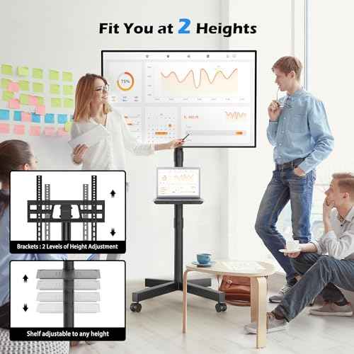 BONTEC Mobile TV Stand with Tilt Function, Rolling TV Stand for 23-60" LED, LCD, OLED TVs, Holds up to 88lbs, Max VESA 400x400mm, Adjustable Media Shelf (Black, 17.1x15.1x53.1 in)